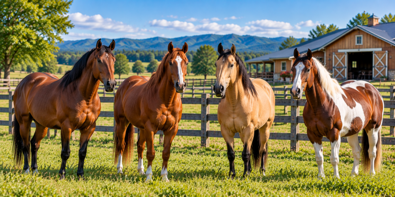 Several well-groomed riding horses in a fenced pasture, representing affordable horses for sale in Canada.