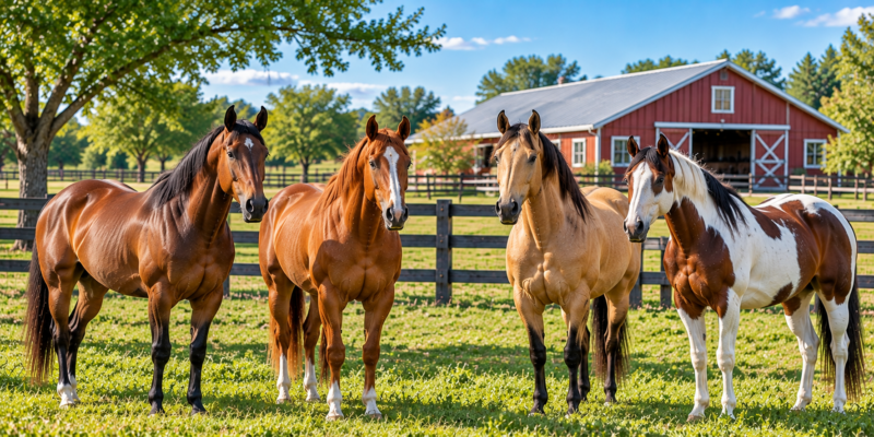 Several riding horses standing in a fenced American ranch pasture, illustrating affordable horses for sale in the USA.