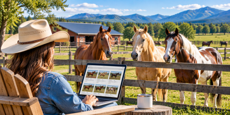 Canadian horse buyer reviewing online horse listings on a tablet while observing several riding horses in a fenced pasture