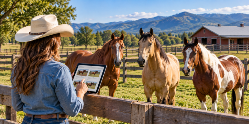 Horse buyer using a tablet to review horses for sale while observing riding horses in a fenced American ranch pasture.