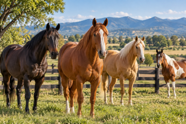 Horses for sale in the USA standing in a fenced ranch pasture
