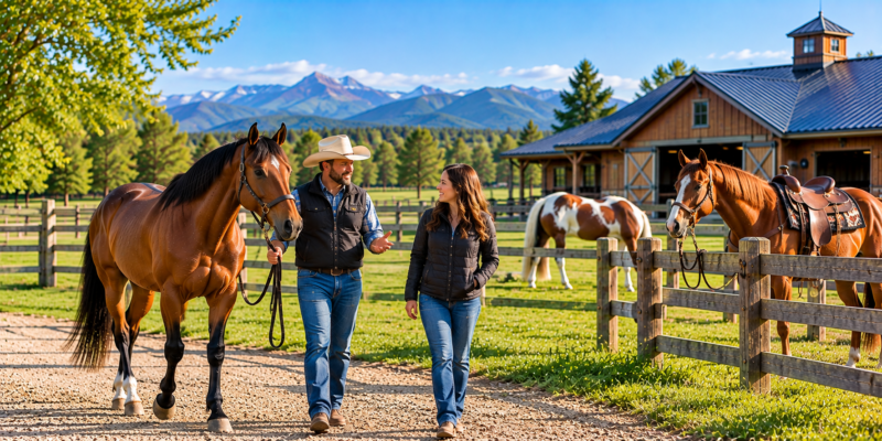 Prospective buyer evaluating a calm Quarter Horse at a local horse ranch.
