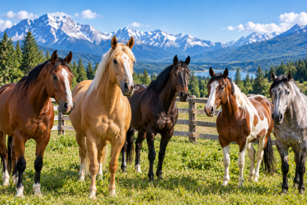 Three riding horses standing in a fenced pasture, illustrating horses for sale in Canada.
