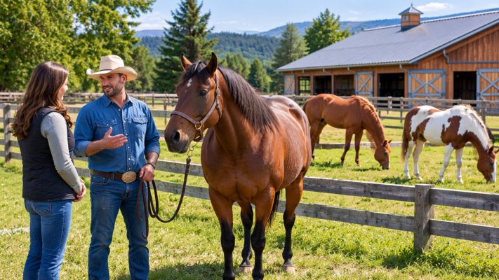 Prospective buyer speaking with a horse breeder at a Canadian farm while learning how to choose a trusted horse breeder in Canada.
