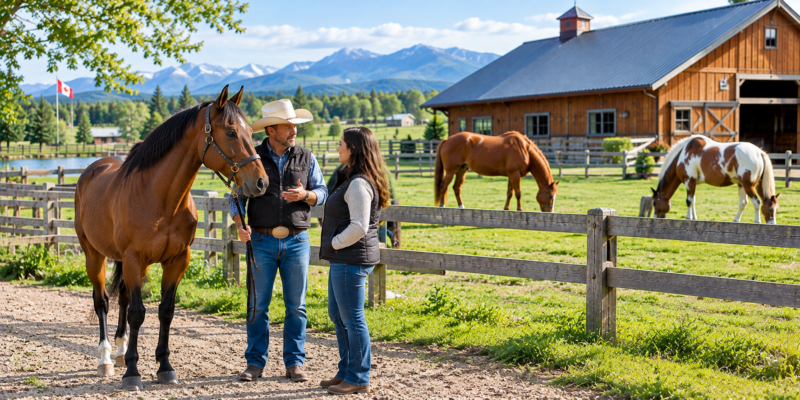 Prospective buyer speaking with a horse breeder at a Canadian farm while learning how to choose a trusted horse breeder in Canada.