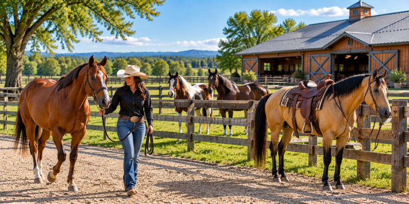 Trained riding horses with a handler at an American ranch, illustrating trained horses for sale across the United States.
