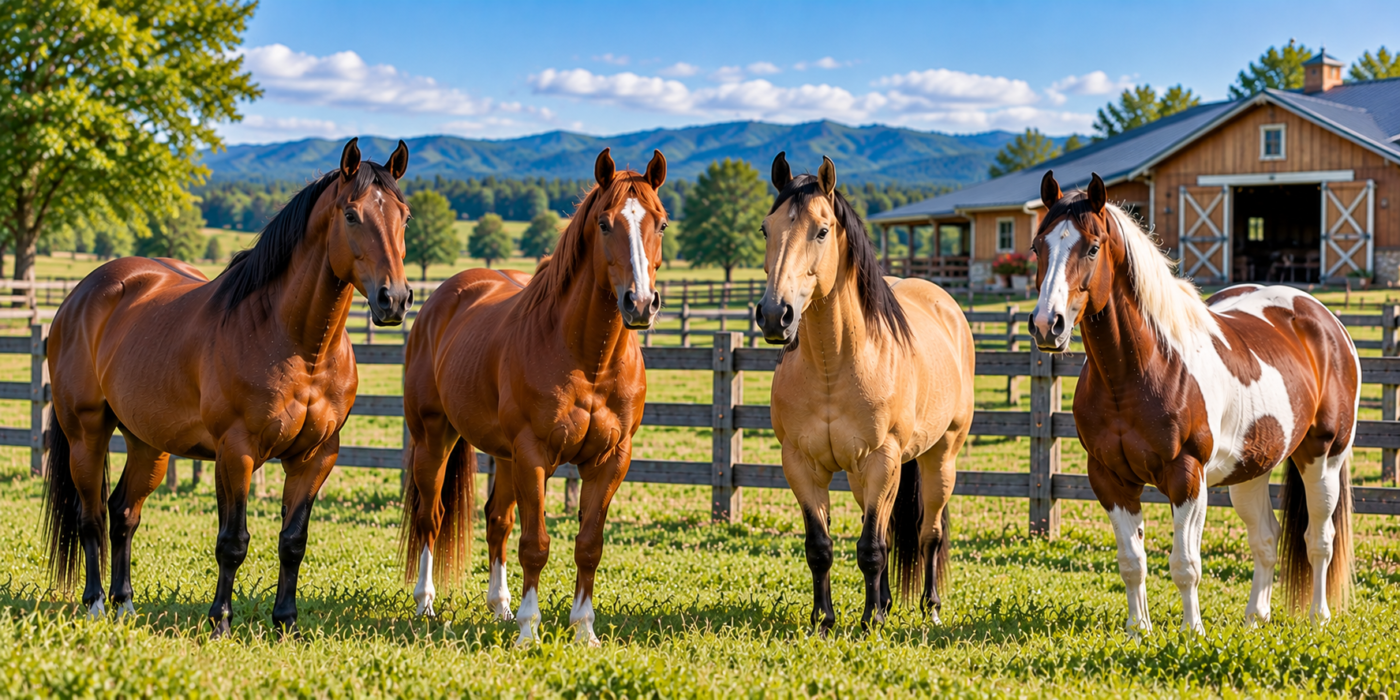 Several well-groomed riding horses in a fenced pasture, representing affordable horses for sale in Canada.