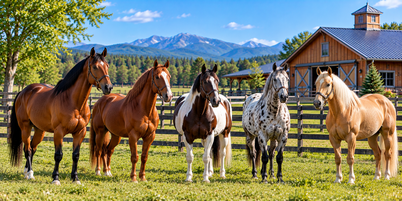 Several popular riding horses at an American ranch, illustrating the best horse breeds to buy in the USA.