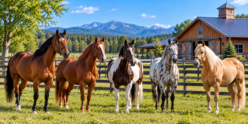 Several popular riding horses at an American ranch, illustrating the best horse breeds to buy in the USA.