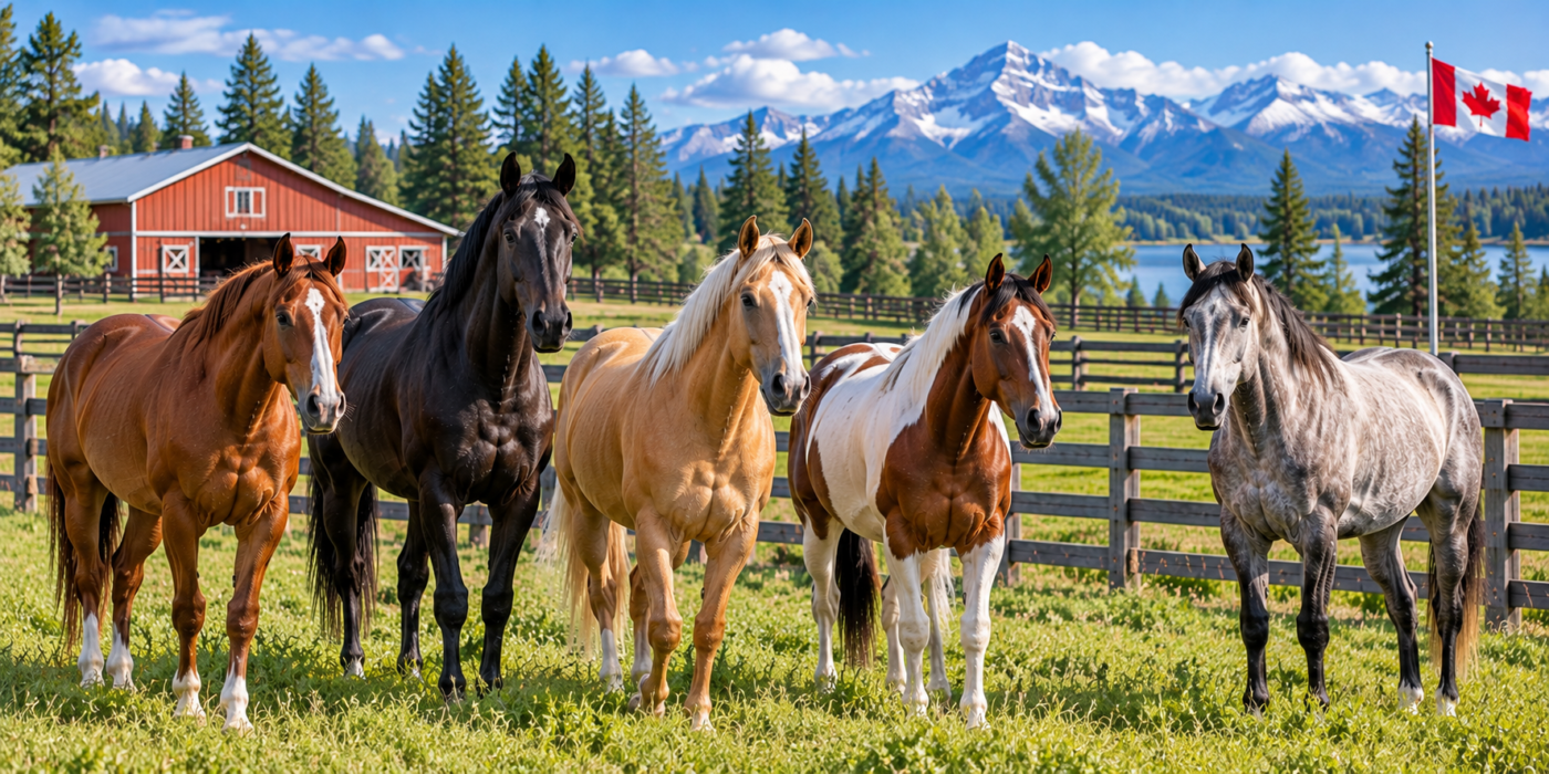 Several riding horses standing in a fenced pasture, illustrating places to find horses for sale in Canada.