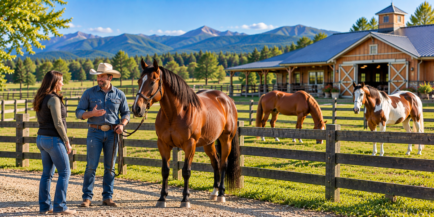 Prospective buyer evaluating a horse with a ranch handler while learning how to buy a horse from a reputable American breeder.