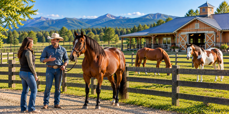 Prospective buyer evaluating a horse with a ranch handler while learning how to buy a horse from a reputable American breeder.