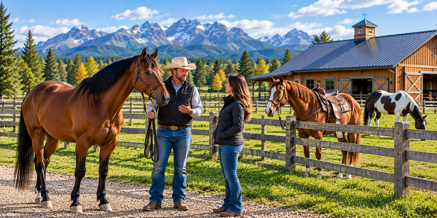 Prospective buyer discussing horse prices with a handler at a Canadian horse farm.
