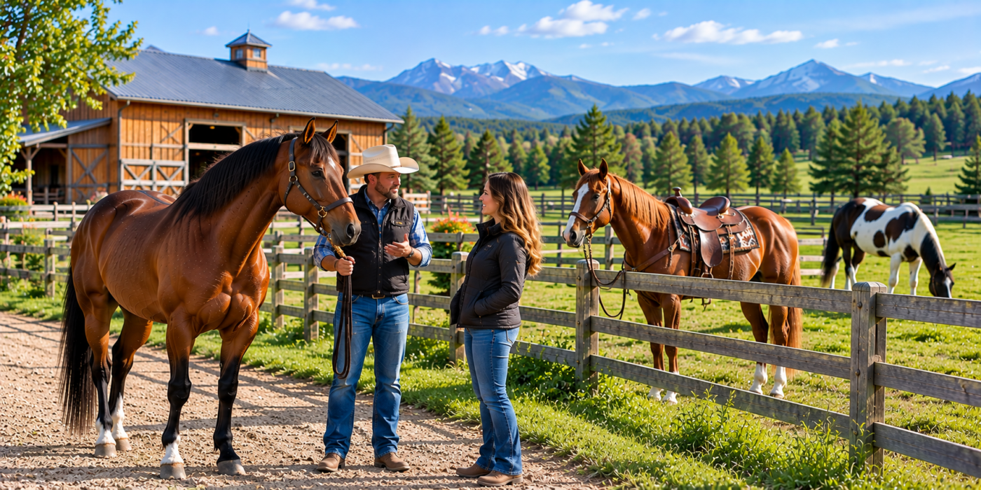 Prospective buyer discussing the cost of a bay Quarter Horse with a handler at an American ranch.