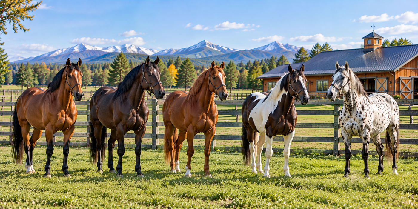Five different riding horse breeds standing together in a fenced Canadian horse farm pasture.
