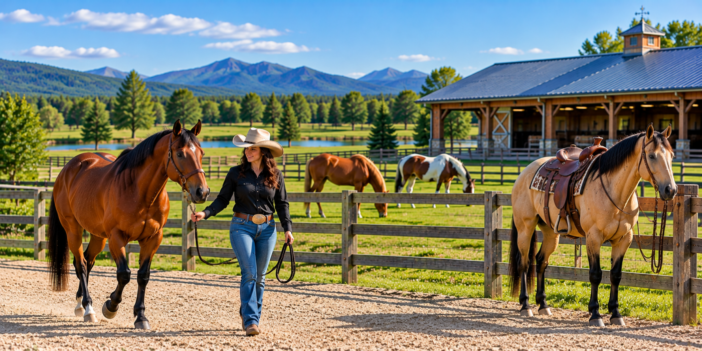 Well-groomed riding horses and a handler at a ranch, illustrating trained horses for sale across Canada.