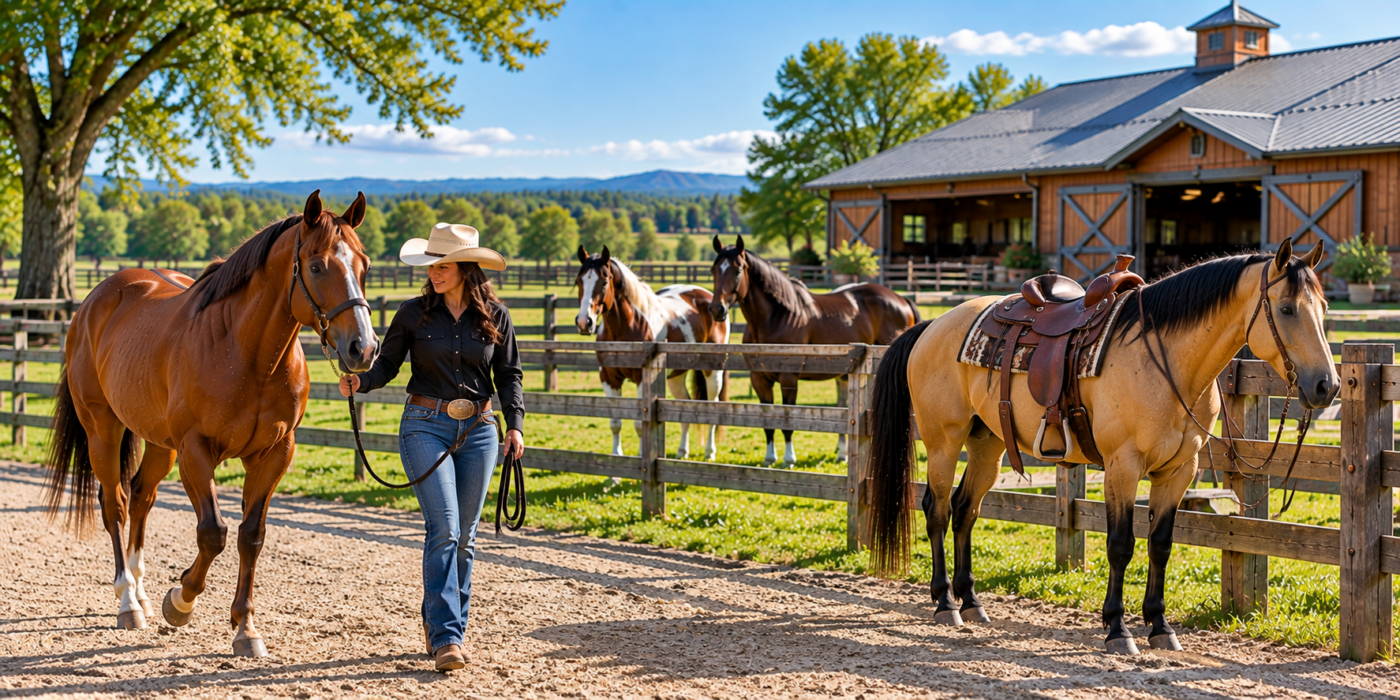 Trained riding horses with a handler at an American ranch, illustrating trained horses for sale across the United States.