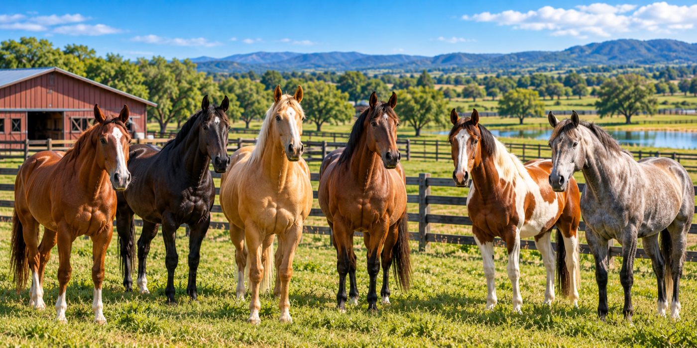 Quality riding horses standing together in a fenced American ranch pasture.